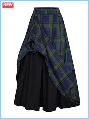 High Waist Plaid Maxi Skirt Two-Way High Low A-Line Layered Long Skirt